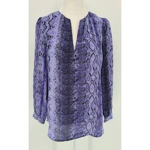 Joie Purple Black Silk Snakeskin Women Blouse XS Split Neck Pullover Long Sleeve